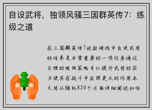 自设武将，独领风骚三国群英传7：练级之道